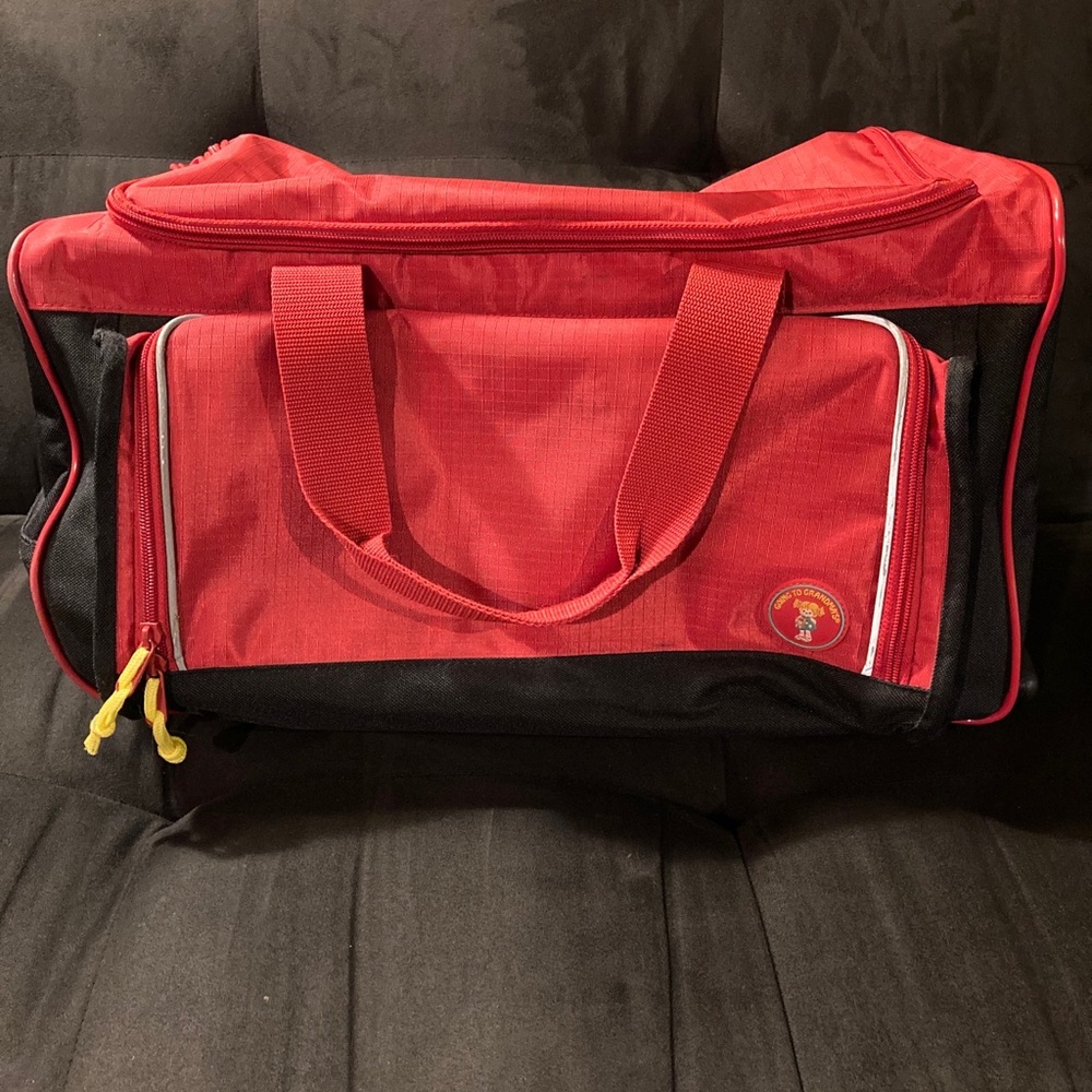 Vintage Going to Grandma's Red Rolling Duffle Bag Luggage Carry On Rare